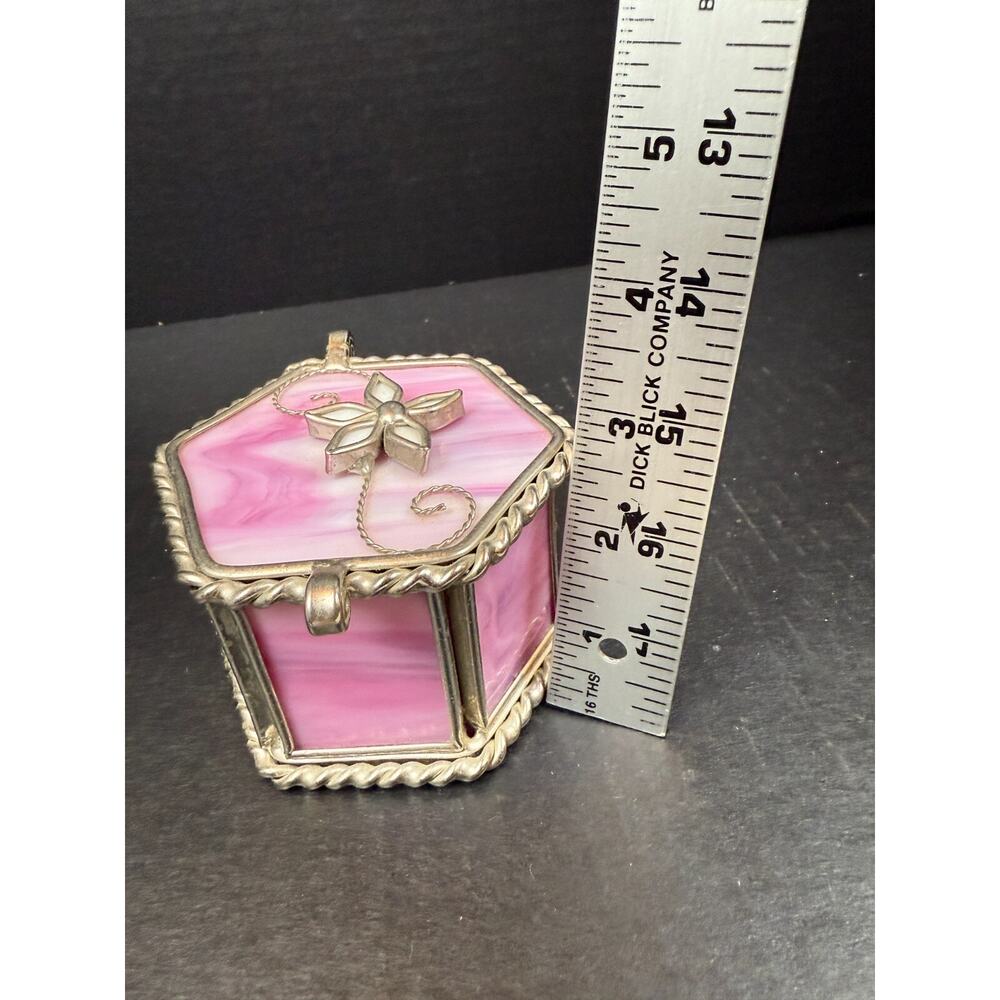 Stained Glass Trinket Box Hexagon Pink Flower Star Top Etched Glass Bottom - Picture 8 of 10